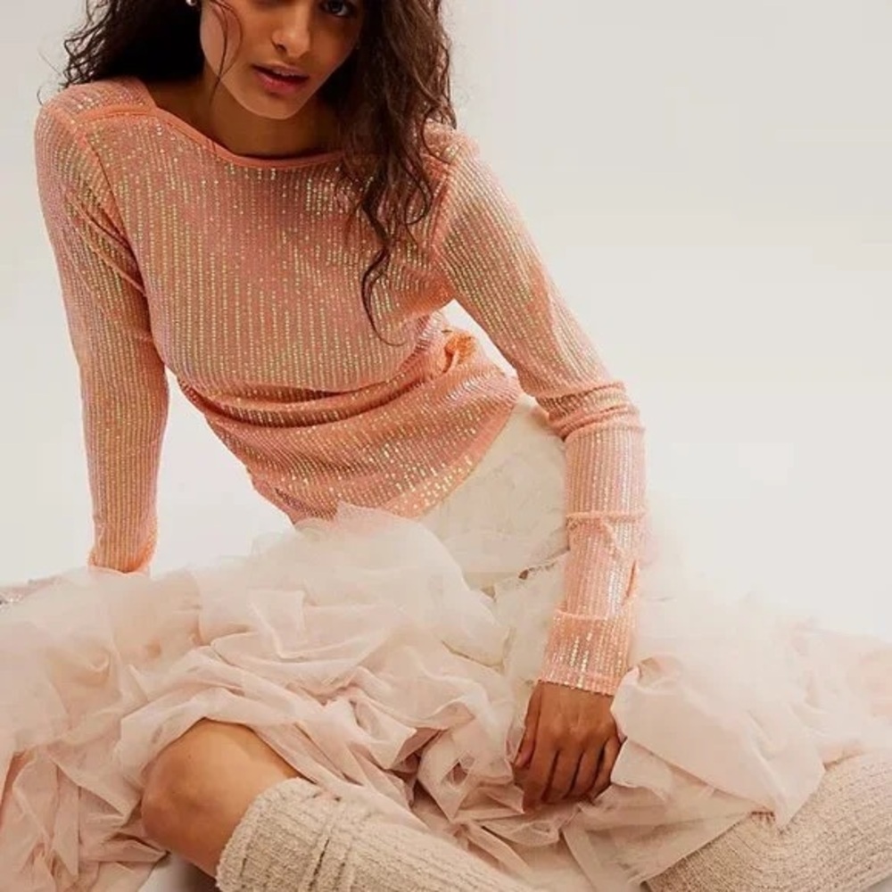 Free People Peach Shimmer Ribbed Long-Sleeve Top